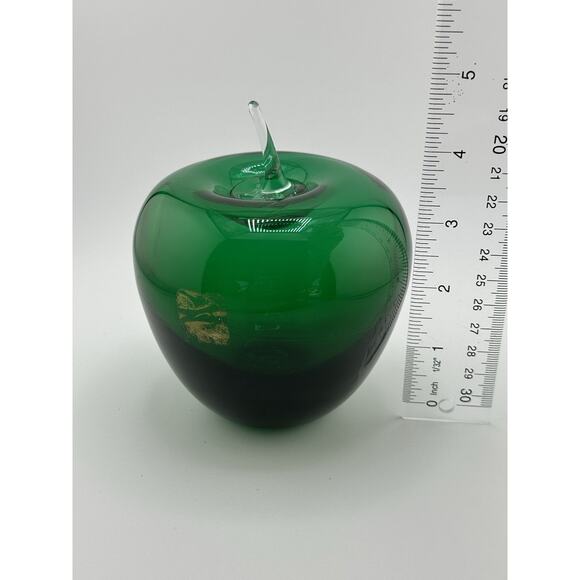Vintage Blenko Art Glass Emerald Green Apple Paperweight w/ Clear Stem 1960s MCM - Picture 7 of 8